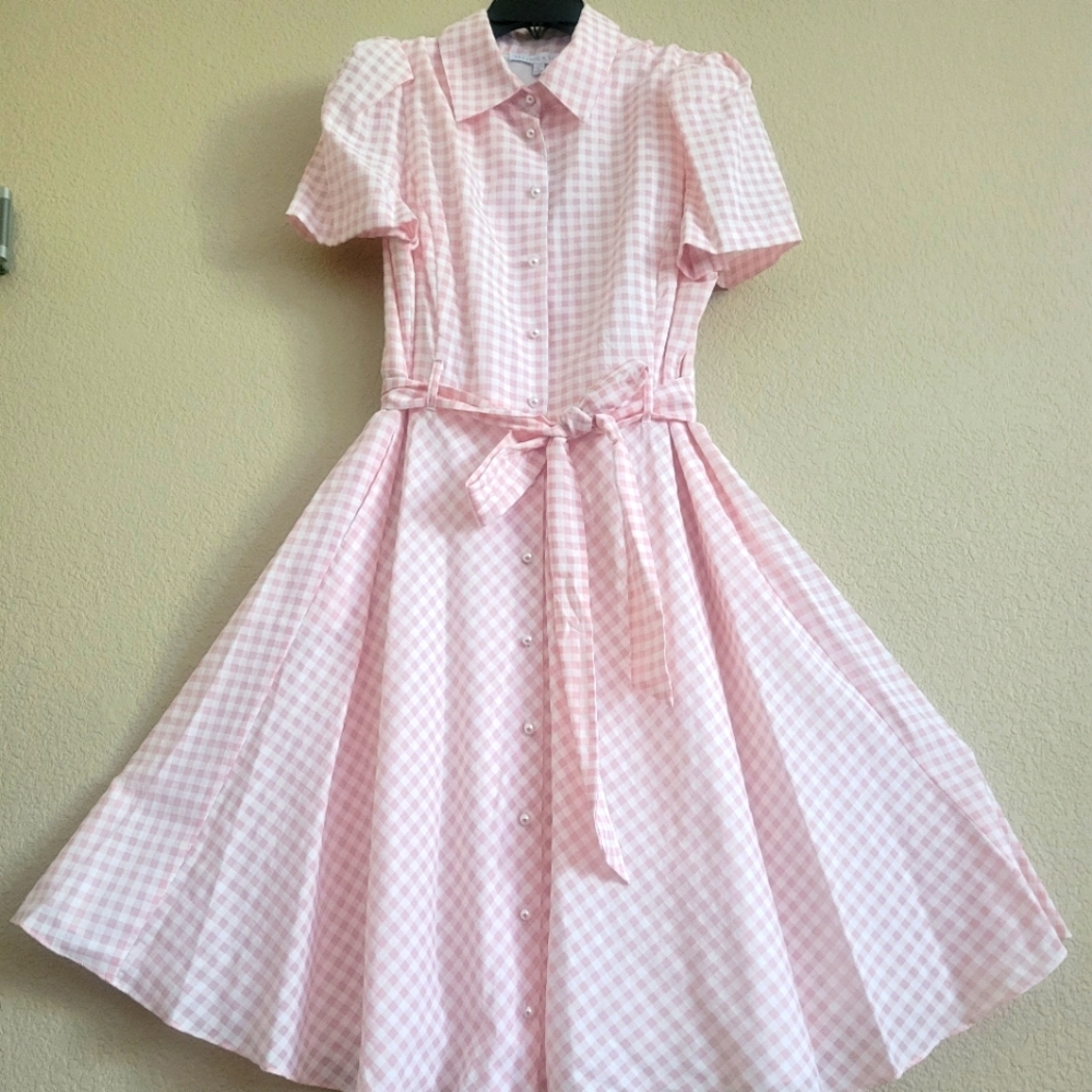 Preston and York Peony pink Gingham button down dress